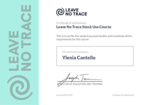 Certificato del corso Leave No Trace Stock use course