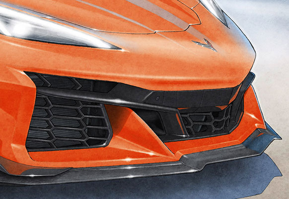 The level of detail in the front grilles of the Corvette Z06 C8 sketch is very precise.