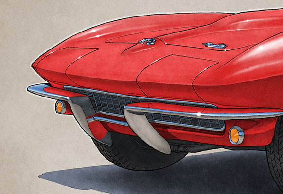 Le dessin de la Corvette 1965 est assez détaillé pour y voir le motif des grilles avant et des réflections du chrome