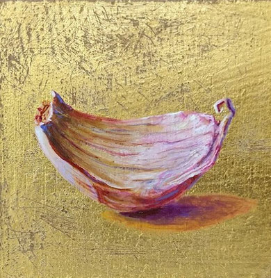 Clove of Garlic (SOLD), acrylic paint and goldleaf on wooden panel
