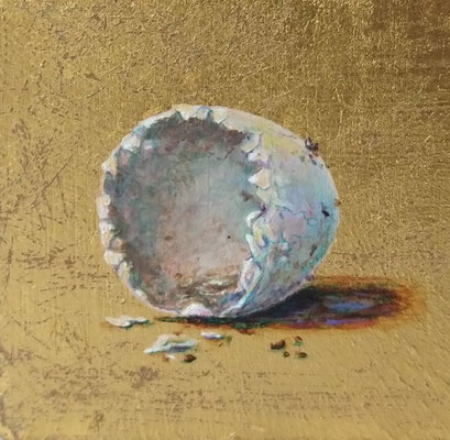 Little egg, acrylic paint and goldleaf on wooden panel