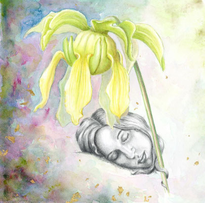 Sarracenia Lenophylle-Marta (SOLD), watercolour, pencil and goldleaf on Arhes