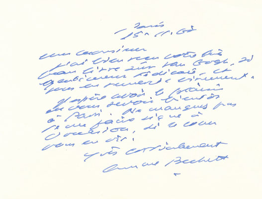 Samuel Beckett carte autographe signée Van Gogh