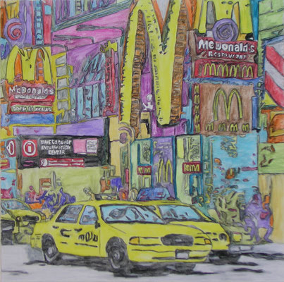 NYC TAXI NO 2  Water-soluble colour wax pastels on canvas grain, ca. 80 x 80 cm