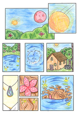 Marie  (14 ans) planche 1 - Dessin au feutre, crayon de couleur