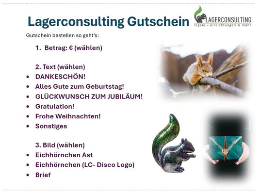Lagerconsulting Gutschein schenken. Bild, Text + Betrag frei wählbar.