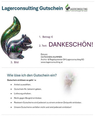 Lagerconsulting Gutschein schenken. Bild, Text + Betrag frei wählbar.