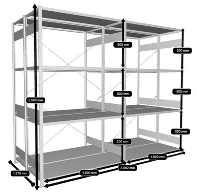 Doppelregal Gesamthöhe: 2.500 mm, Gesamttiefe: 1.275 mm, Gesamtlänge: 3.062 mm, mit je 4 Böden. Genaue-Maße SIEHE SKIZZE! www.lagerconsulting.at