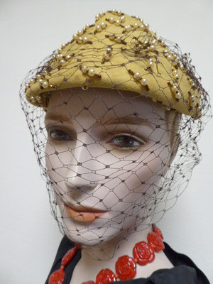 Forties - pale yellow woollen beret with large full-face veiling. Covered in pearls & jewels, some of which are missing, but hard to see when worn.