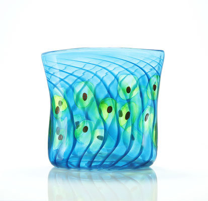 Vase, oval, aquablau mit Punkten in Neugrün-Rot