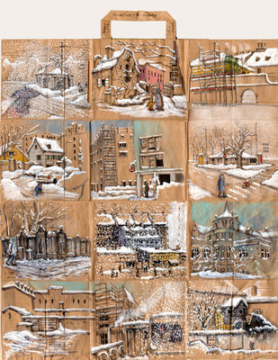 Tütenzeichnung Stadtwinter - Winterstadt, 2019, Bleistift, Chinamarker, Farbstift, Aquarellstift, Tuschestift, ca. 47,5 x 54,5 cm