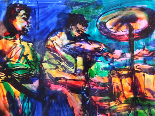 Catherine MICAELLI            "jazzmen"       40x50cm   peinture sur pexiglas