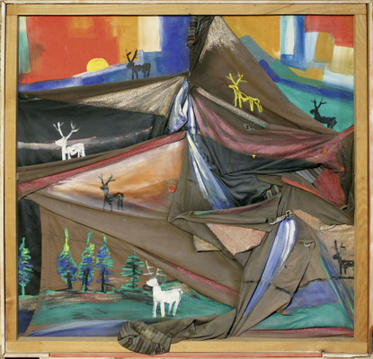 13 Hirsche in abendlichem Gebirge, Collage, 110x110, 1998, 1500,- €