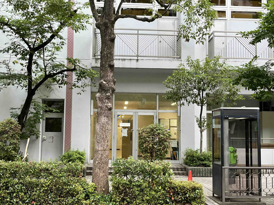 入口の斜め前に電話ボックスがあります (Located between the elementary and junior high schools, look for the phone booth nearby)