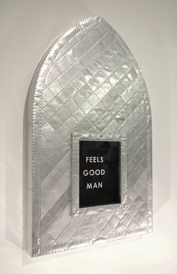 The Redemption of Pepe,  wood, aluminum cans, brass plated nail, plexiglas, signboard 30" x 18.25" x 2.5"  Patrick Luber  $3700 