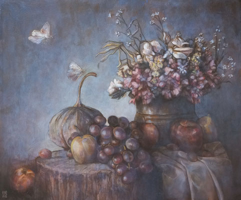 “Natura morta con fiori, frutta e farfalle” - olio su tela, cm. 50 x 60 - Pioltello, collezione privata