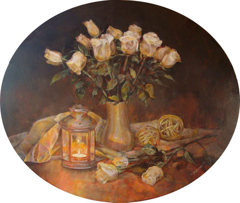 “Rose bianche” - olio su tavola ovale, cm. 50 x 60 - Pioltello, collezione personale dell’autore