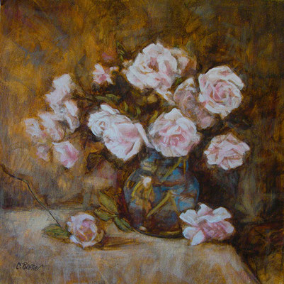 “Rose rosa in vaso blu” - olio su tela, cm. 40 x 40 - € 1600,00