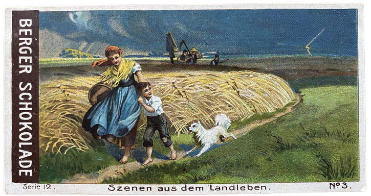 Sammelkarte von Berger Schokolade, Serie 12 Nr. 3: Bäuerin, Kind und weißer Spitz laufen am Feld entlang