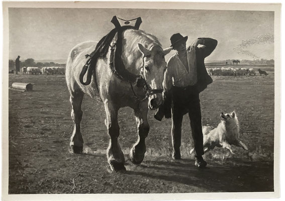 Ein Bauer mit Spitz und Pferd am Feld auf einer Postkarte namens "Feierabend". Haus der Deutschen Kunst von J. P. Junghans