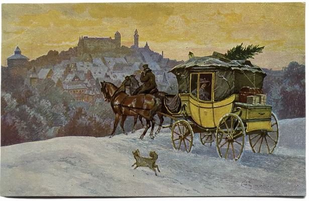 Deutscher Spitz und Postkutsche auf alter Postkarte