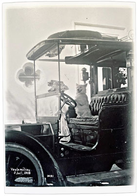 Wozu laufen, wenn man doch ein Auto zur Verfügung hat? Foto von 1908 aus Frankreich, das einen Spitz am Steuer zeigt