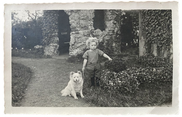 Kleiner Junge mit Goldlocken und kleinem Spitzhund