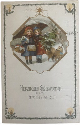 Kinder im Winter mit Tannenbaum und Spitz. Neujahrskarte von 1911