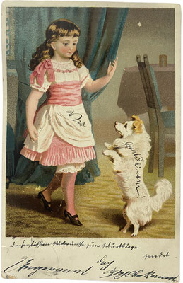 Girl dances with her Spitz. Postcard from 1904