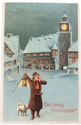Nachtwächter mit Spitz auf alter Postkarte
