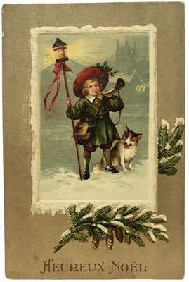 Night watchman and piebald Spitz on a french postcard