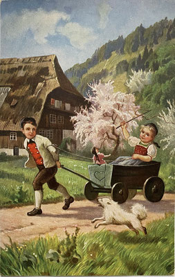 Postkarte "Aus dem Schwarzwald": Jungen mit Bollerwagen und Spitz