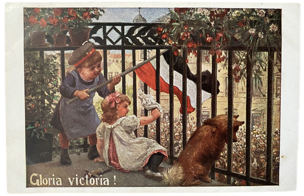 Postkarte mit Kindern und Spitz aus dem Jahre 1917 aus dem 1. Weltkrieg mit der Aufschrift "Gloria victoria"