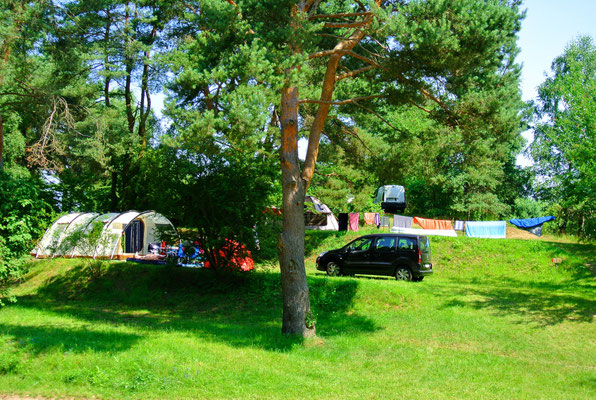 Campen wie im Kino - mit aufsteigenden Wiesenterrassen - Blick auf 160er-Plätze © Naturcamping Zwei Seen am Plauer See/MV - www.zweiseen.de
