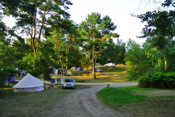 Blick vom Weg zwischen 86 und 103 auf die gegenüberliegenden Terrassen zum See (160er-Plätze), das Tipizelt steht auf Platz 85. © Naturcamping Zwei Seen am Plauer See/MV - www.zweiseen.de