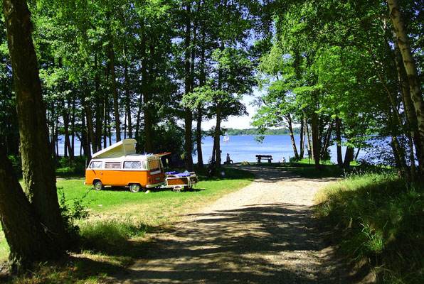 Blick auf die 70er-Plätze am See (Bus steht auf 73) © Naturcamping Zwei Seen am Plauer See/MV - www.zweiseen.de