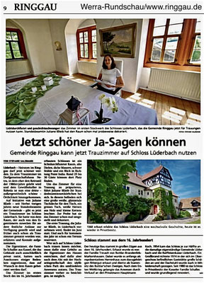 Artikel zur standesamtlichen Trauung im Schloss Lüderbach in der Werra Rundschau und auf der Internetseite www.ringgau.de