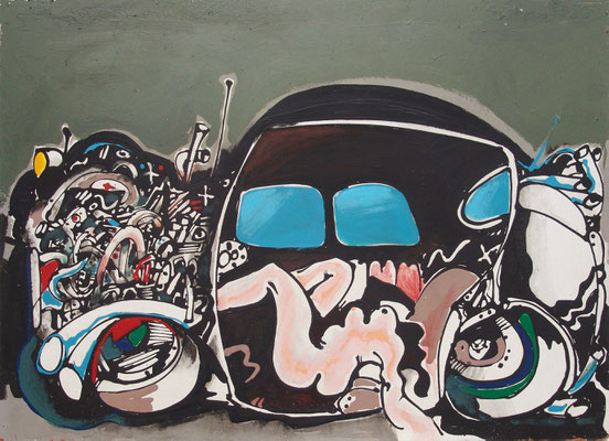 auto e donna, 1983, acrilico su masonite, cm 72x52