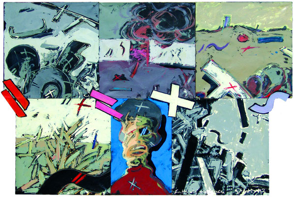 fatti di cronaca, 1998, acrilico su tavola sagomata, cm 152x100