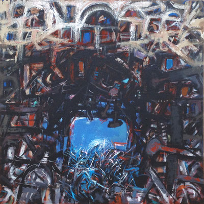 teatro, 1997, acrilico su tela, cm 100x100. Collezione Privata.