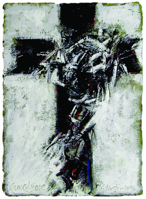 crocifissione, 1998, acrilico su tavola sagomata, cm 52x72. Collezione Provata, Bergamo. 