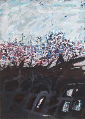 paesaggio urbano, 1980, acrilico su tela, cm 50x70