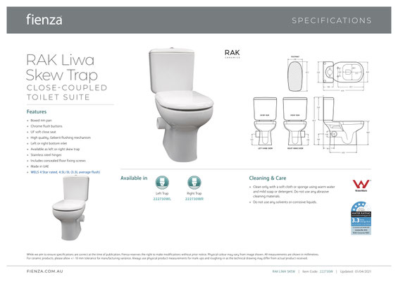 RAK Fienza Liwa Closed Coupled Toilet Suite Ivory Beige White skew trap