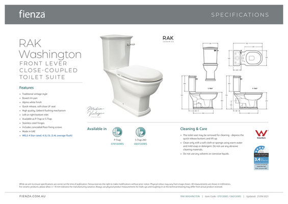 Washington Lever Closed Coupled White Ivory Toilet Suite  - P/S Trap 240mm set out, WELS 4 star rating, 4.5/3L