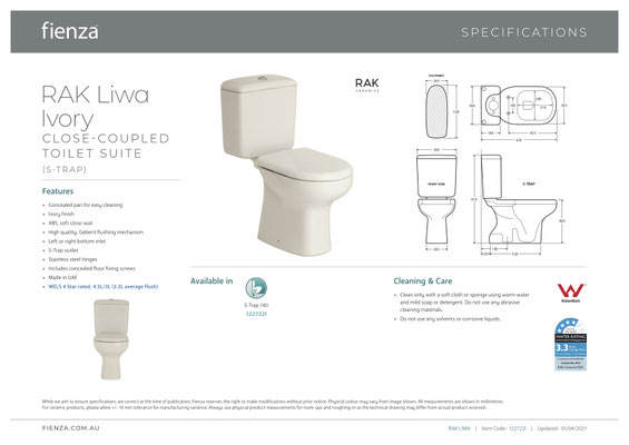 RAK Fienza Liwa Closed Coupled Toilet Suite Ivory Beige White p-trap s-tra