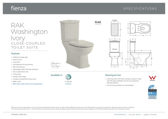 RAK Fienza Washington ClosedCoupled Ivory Toilet Suite  - P/S Trap 240mm set out, WELS 4 star rating, 4.5/3L