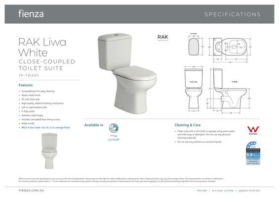 RAK Fienza Liwa Closed Coupled Toilet Suite Ivory Beige White p-trap s-tra