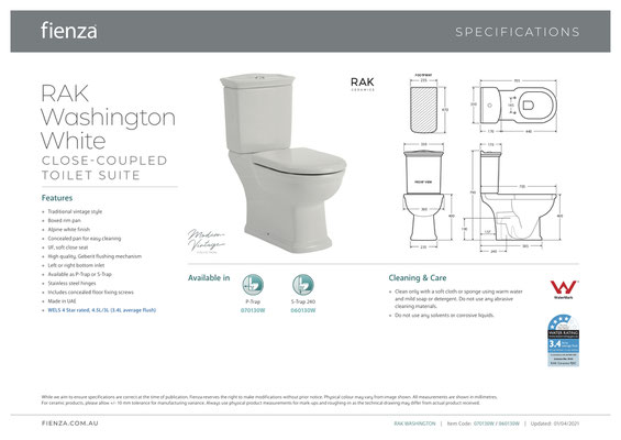 Washington Closed Coupled White Ivory Toilet Suite  - P/S Trap 240mm set out, WELS 4 star rating, 4.5/3L