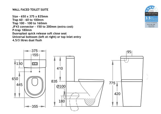 KDK CERAMIC EXCHANGE FACE TO WALL TOILET SUITE KDKOO2 KDKOO3 KDK008 KDK022 KDK025 JDJ600 SHORT PROJECTION