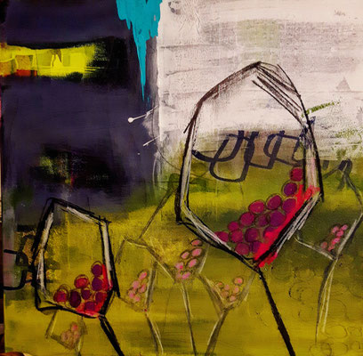 "Die Welt ist, was sie ist - das Ruder vergaß ich an der Biegung des großen Flusses", Mixed Media auf Leinwand, 50 x 50 cm